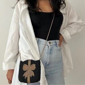 Vintage Beaded Gold Bow Crossbody Scalloped Black Purse